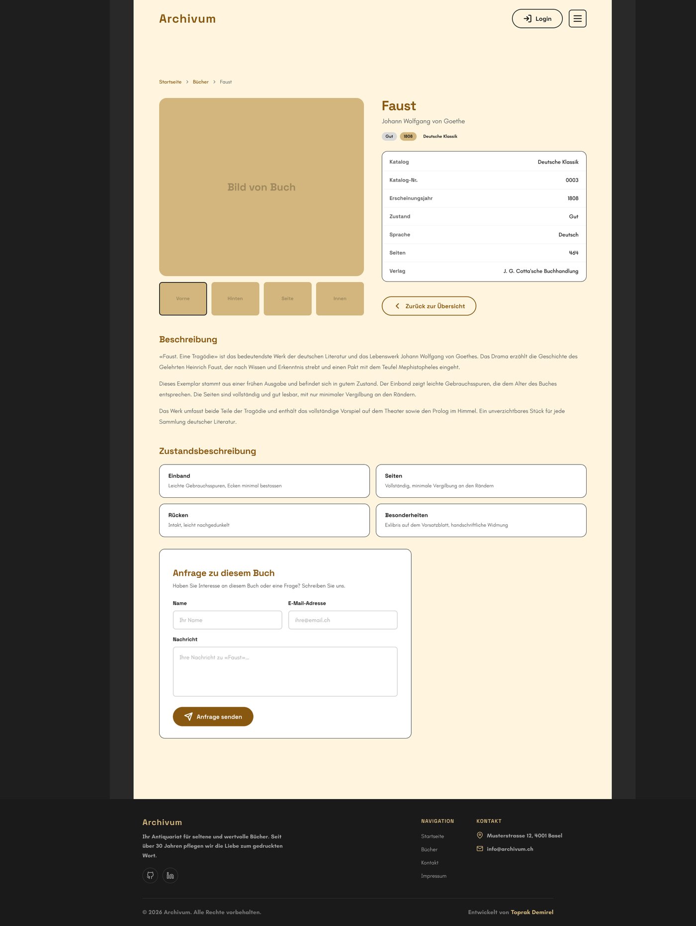 Book detail page with metadata and inquiry form