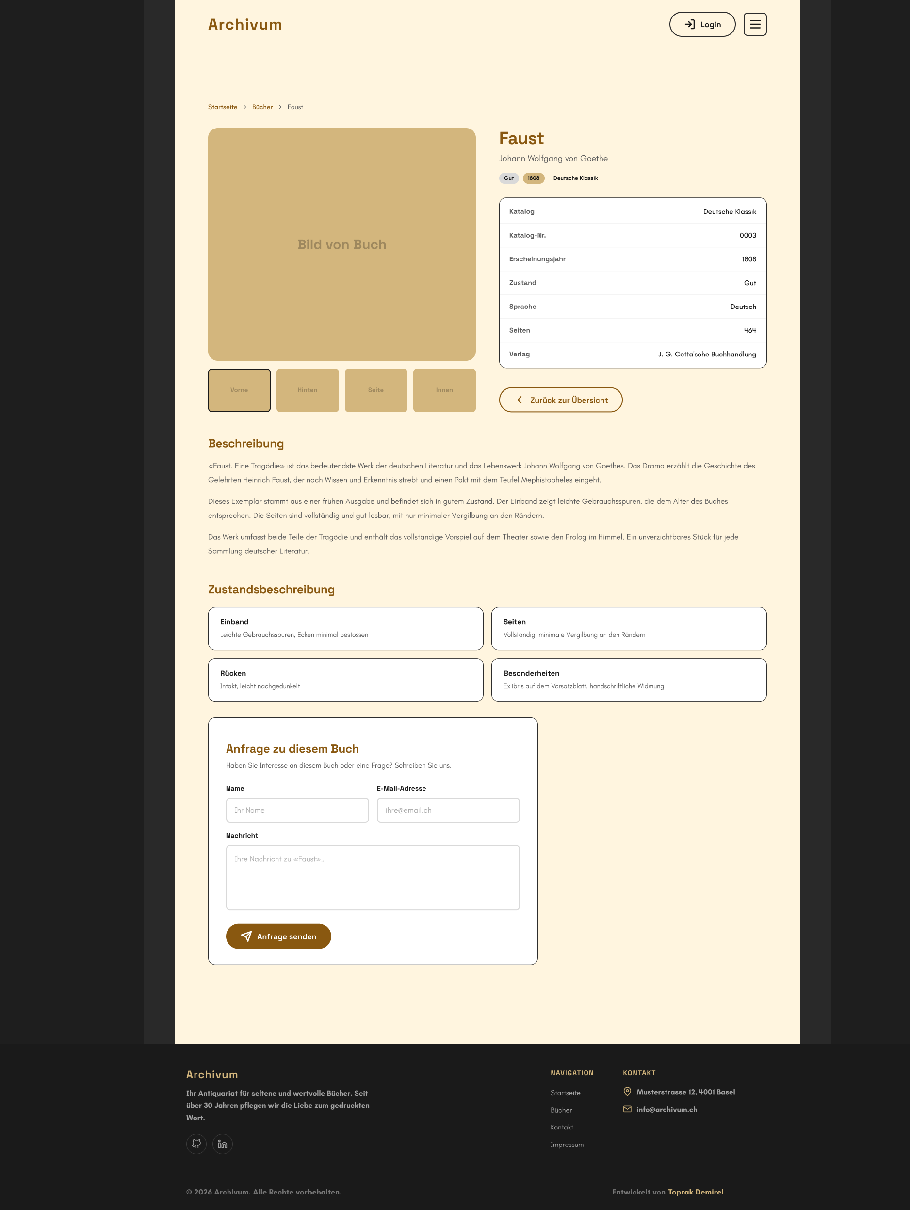 Book detail page with metadata and inquiry form