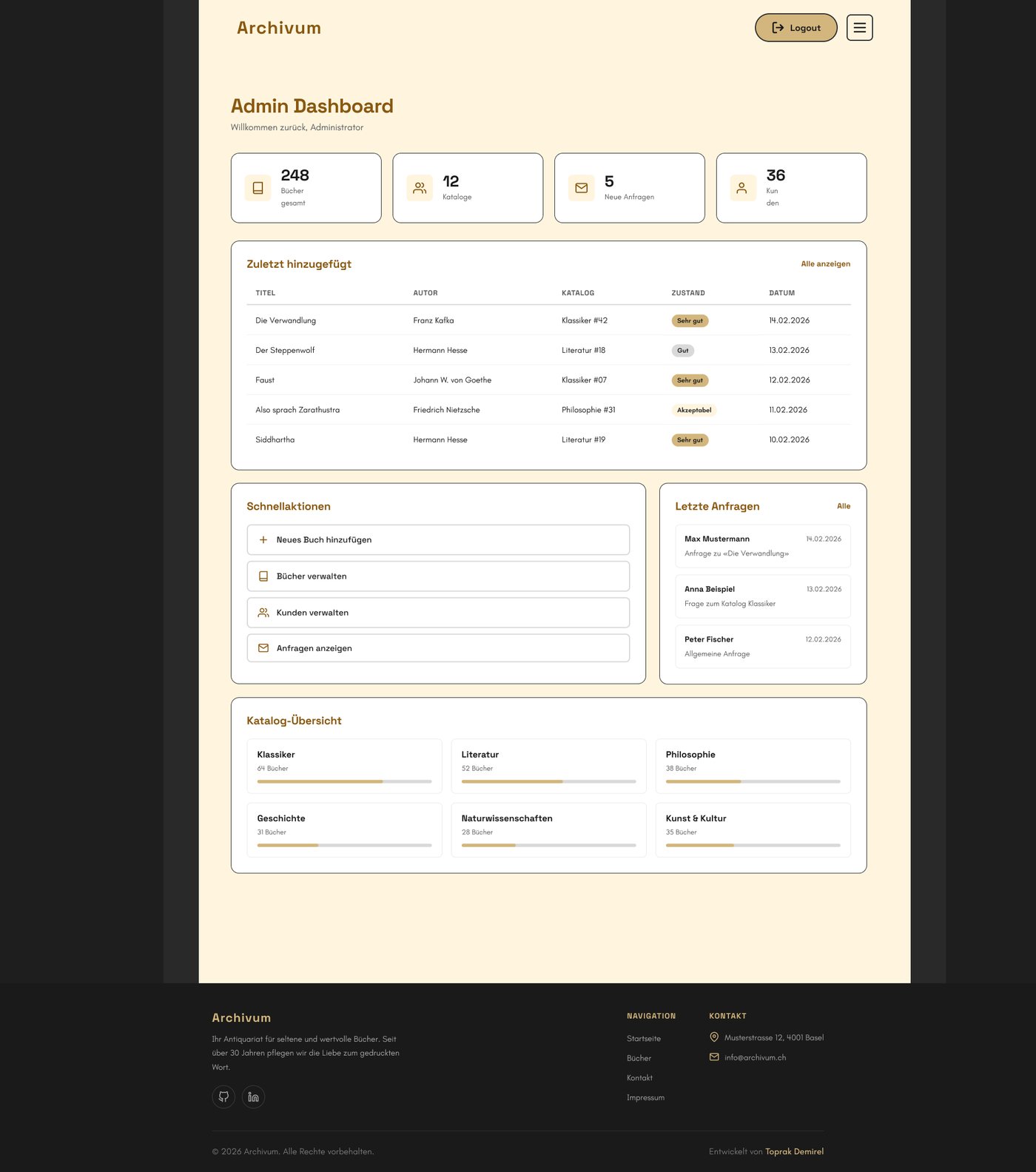 Admin dashboard with stats and recent activity