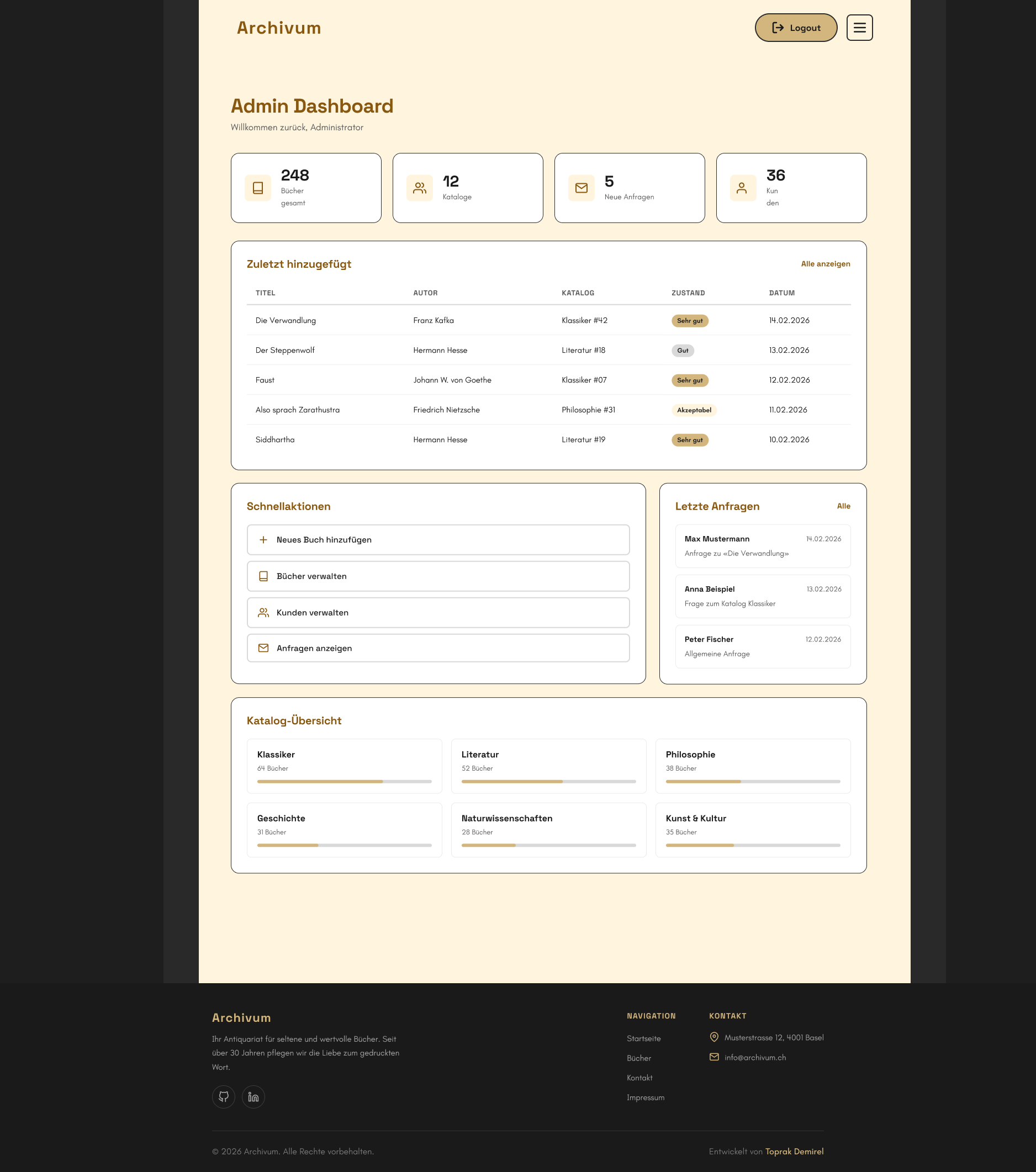 Admin dashboard with stats and recent activity
