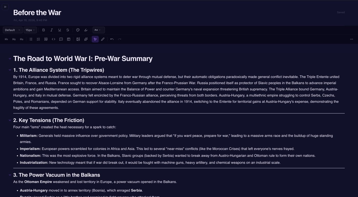 Rich-text notebook editor with formatting toolbar