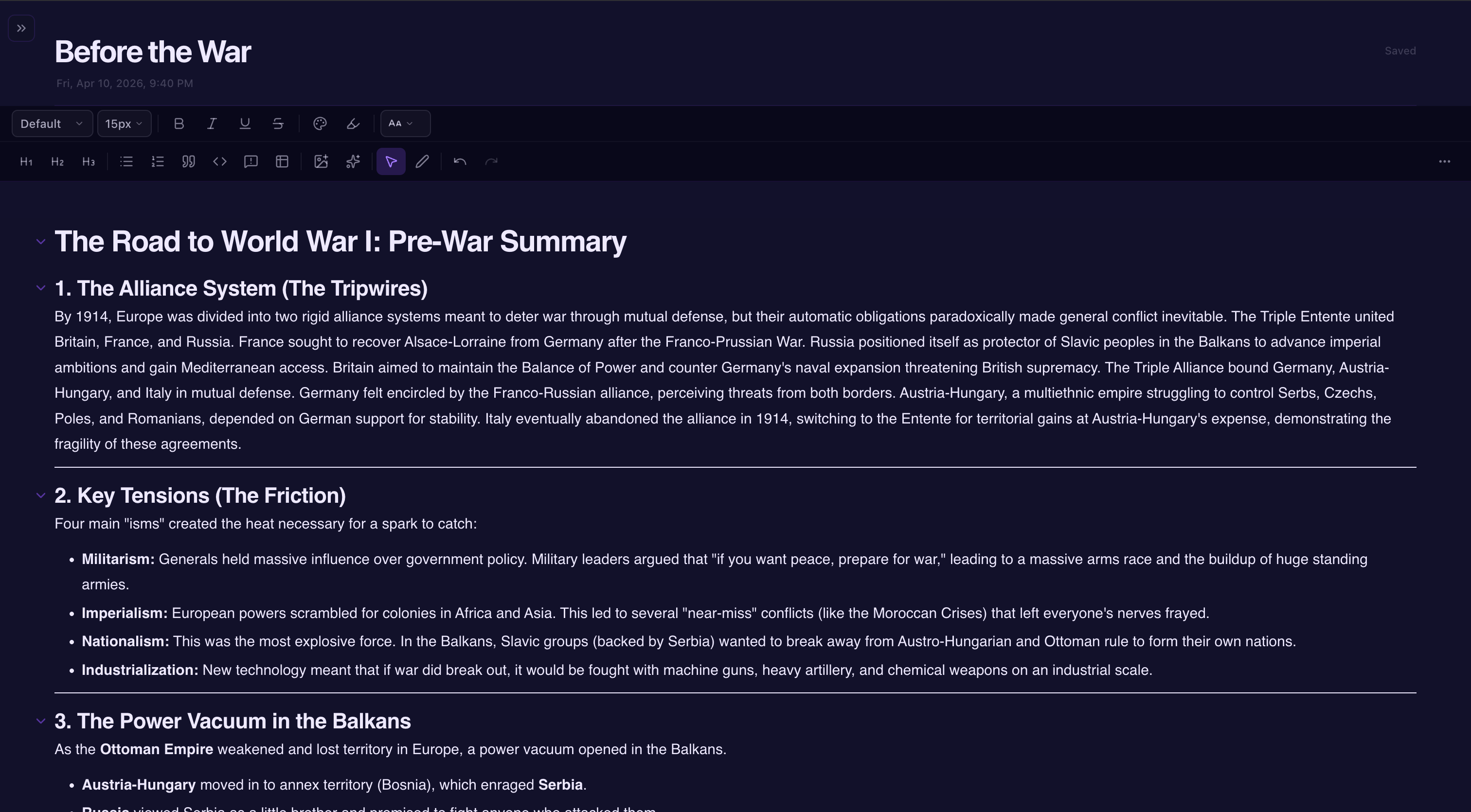 Rich-text notebook editor with formatting toolbar